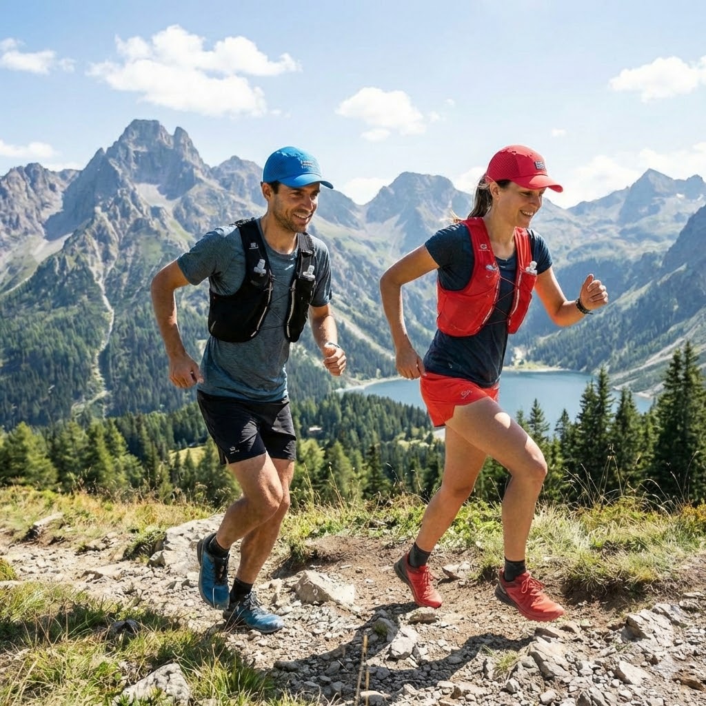 Trailrunners op een bergpad in heuvelachtig terrein.