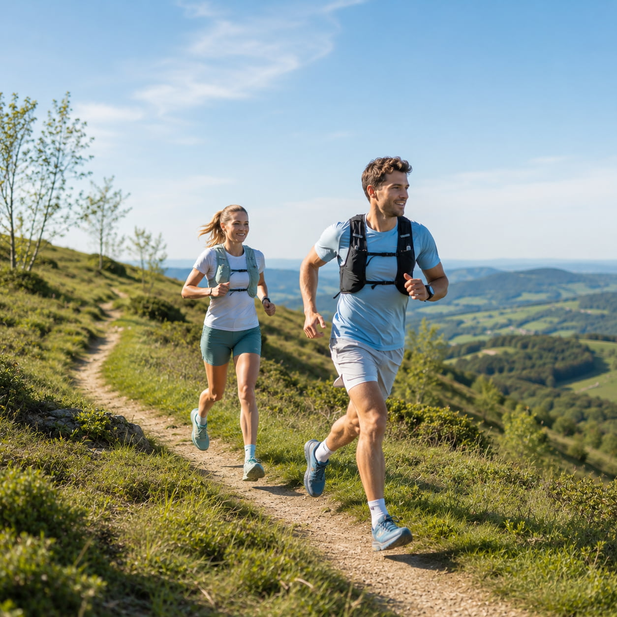 Trailrunners op een bergpad in heuvelachtig terrein.